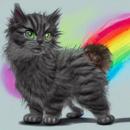 Image similar to wide angle full body, of a fluffy cute rainbow kitten wearing a black leather motorcycle jacket, concept art