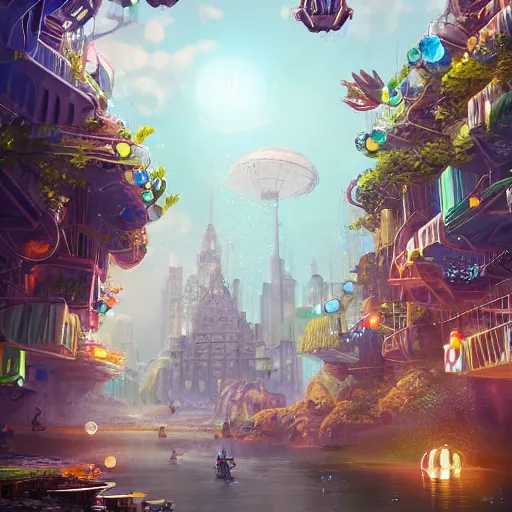 Image similar to a utopian city, filled with fauna, with bubbles floating around everywhere, dynamic lighting, fantasy concept art, trending on art station, stunning visuals, creative, cinematic, ultra detailed