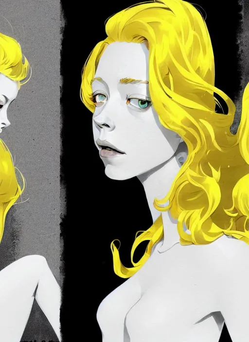 Image similar to highly detailed closeup portrait of beautiful portia doubleday, blonde wavy hair, angela moss, white suit by atey ghailan, by greg rutkowski, by greg tocchini, by james gilleard, by joe fenton, by kaethe butcher, gradient yellow, black and white color scheme, grunge aesthetic!!! ( ( graffiti tag wall background ) )