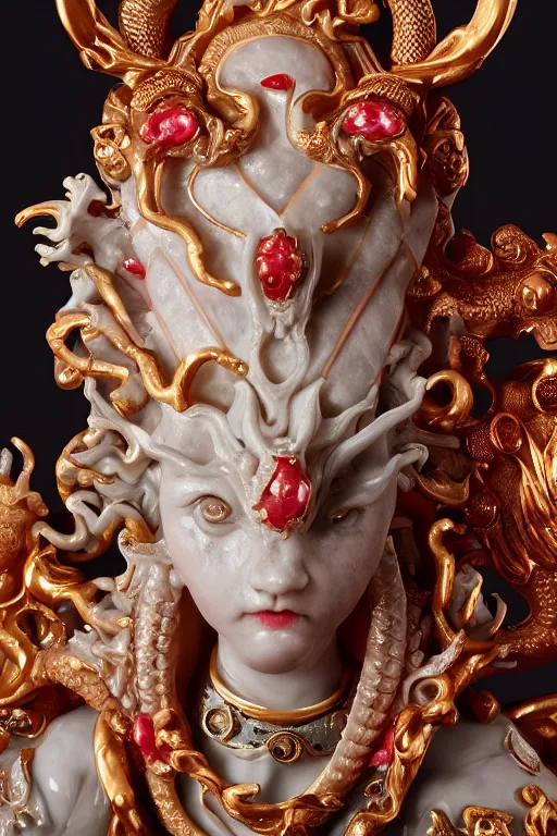 Image similar to a closeup photo, rococo alabaster and ruby real delicate ceramic porcelain sculpture of an ornate detailed dragon god in front of an intricate background by rafael, micro detail, backlit lighting, subsurface scattering, translucent, thin porcelain, fire, flames, amber, octane renderer, colorful, physically based rendering, trending on cgsociety