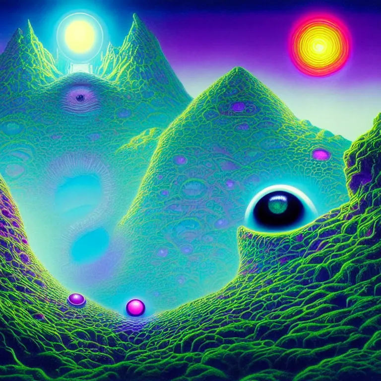 Image similar to mysterious eyeball hovers over mythical crystal temple, fractal waves, synthwave, bright neon colors, highly detailed, cinematic, tim white, michael whelan, roger dean, bob eggleton, lisa frank, vladimir kush, kubrick, kimura, isono