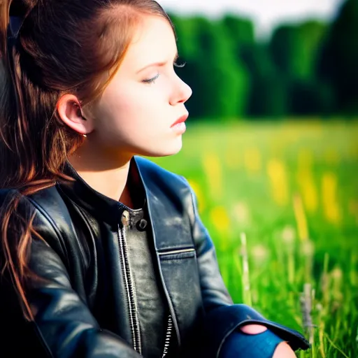Prompt: young girl sits on a meadow, she wears leather jacket, jeans and black boots, sharp focus, photo taken by nikon, 4 k,