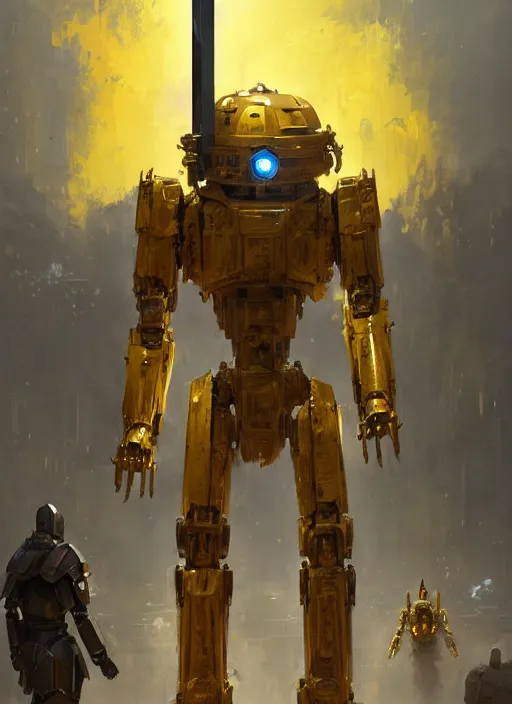 Image similar to human-sized strong intricate yellow pit droid carrying very detailed great sword and beautiful large paladin shield, pancake short large head, exposed metal bones, painterly humanoid mecha, by Greg Rutkowski