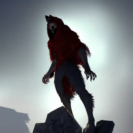 Image similar to werewolf bersus red riding hood, 3d scene, zenith view, Richard Corben, artstation, cgsociety, unreal engine, ultra realistic