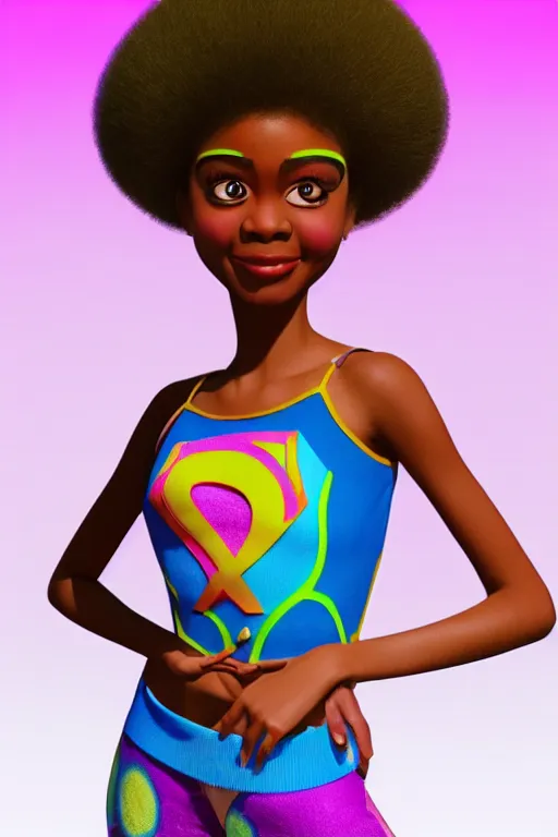 Image similar to a centered render of a groovy super cool afro disco girl from the seventies, by dreamworks, by pixar, by viktoria gavrilenko, by leticia gillett, perfect face, artstation, 3 d, 8 k