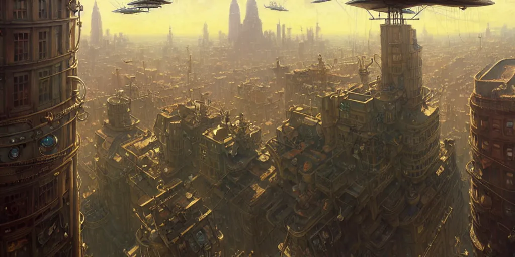 Image similar to steampunk airship above a busy city, exquisite details, denoised, mid view, by norman rockwell, karl kopinski, artsation, greg rutkowski, makoto shinkai, takashi takeuchi, studio ghibli