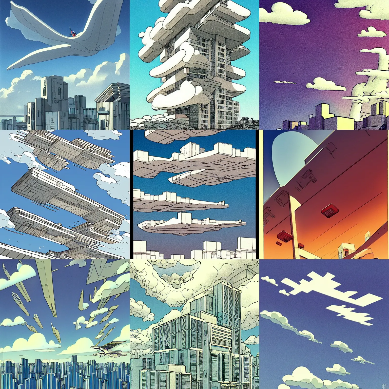 Prompt: brutalist flying white architecture with beautiful clouds, digital illustration, bright color palette, style by moebius