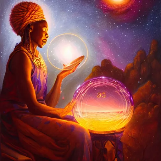 Image similar to an elder african psychic woman reading her crystal ball while holding a book of spells under a meteor shower, greg rutkowski and android jones and amanda sage, oil on canvas, vivid colors 8k