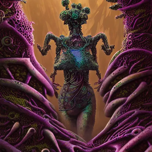 Image similar to highly evolved biomechanical phyrexian dreadnought pregnant borg queen hybrid dotted with lichens and fungal growth being possessed by the machine spirit, artists tram pararam and doctor seuss with beryl cook and jack kirby, high contrast cinematic light, mystical shadows, sharp focus, octane render