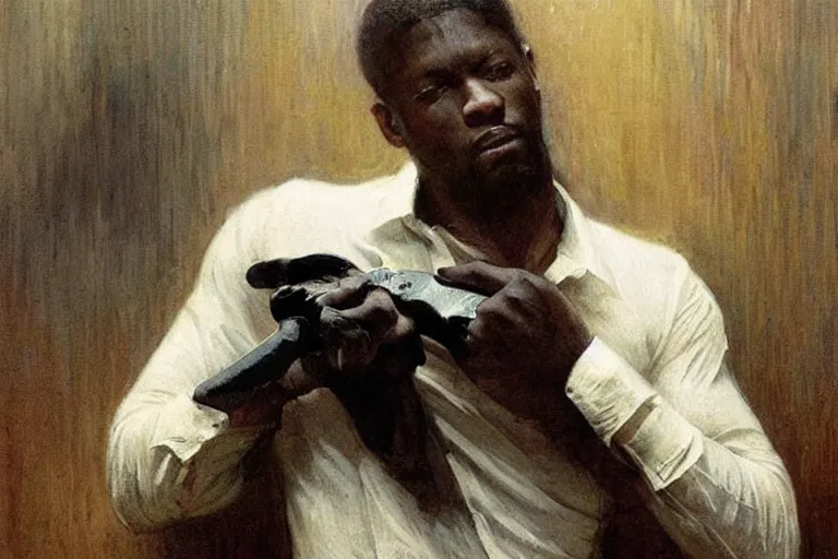 Image similar to a 3 0 year old, black contract killer wearing a pristine white dress shirt. he is hold a bloody knife. art by gaston bussiere.