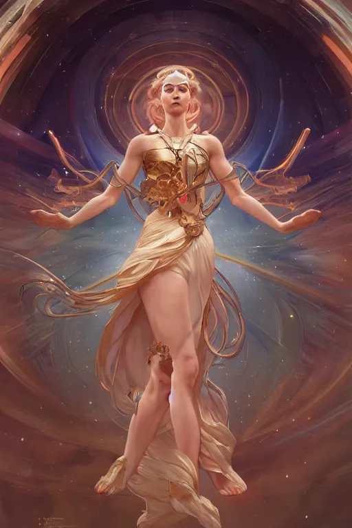 Prompt: goddess of space and time, accurate anatomy, only two hands, highly detailed, digital painting, artstation, concept art, smooth, sharp focus, illustration, Unreal Engine 5, 8K, art by sakimichan, artgerm and greg rutkowski and alphonse Mucha