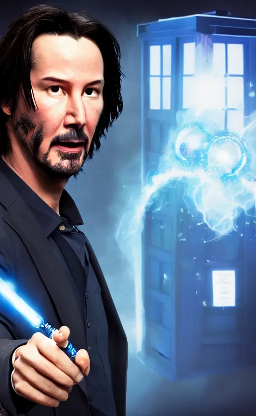 Image similar to portrait of Keanu reeves as 10th Doctor Who in the TARDIS with sonic screwdriver, Photo, High details, 8k, DSLR, long shot