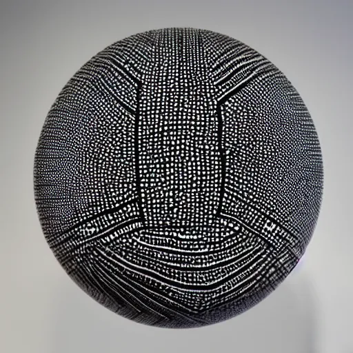 Prompt: : black sphere with white maze pattern carved in it , gallery art installation Museum