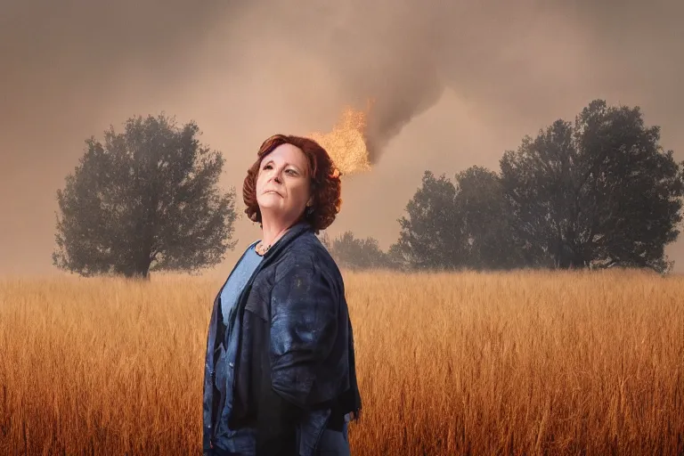 Image similar to a cinematic headshot portrait of a middle aged woman stood in a fire filled field, ultra realistic, depth, beautiful lighting