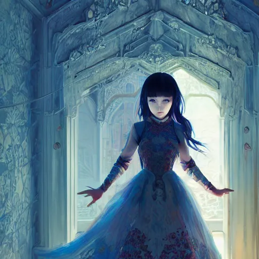 Image similar to beautiful young girl in intricate clothing by ross tran, walking in a castle painted by sana takeda, reflections, very high intricate details, painting, digital anime art, medium shot, mid - shot, composition by ilya kuvshinov, lighting by greg rutkowski