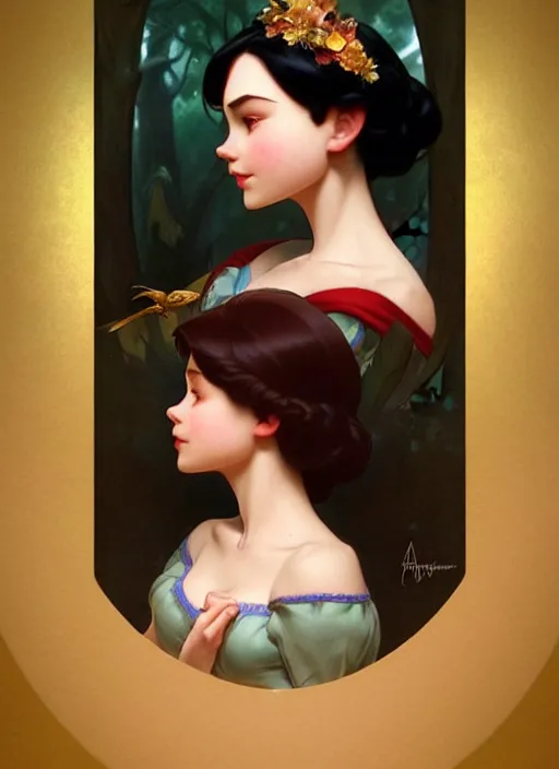 Image similar to portrait of disney snowhite, intricate, elegant, highly detailed, my rendition, digital painting, artstation, concept art, smooth, sharp focus, illustration, art by artgerm and greg rutkowski and alphonse mucha and uang guangjian and gil elvgren and sachin teng, symmetry!!