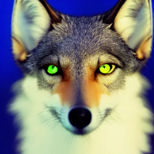 Prompt: winged wolf with glowing green eyes, award winning photograph