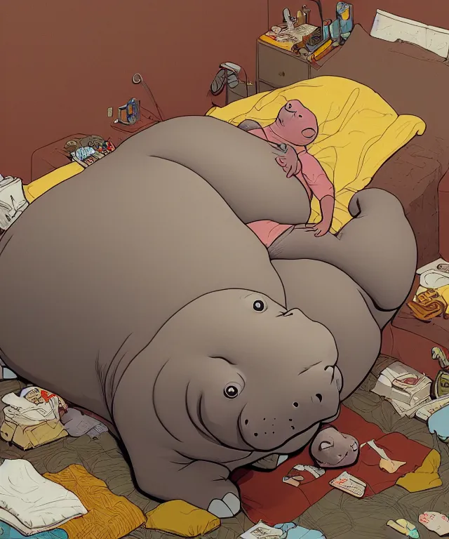 Prompt: hippo lying in bed, half covered blanket, centered composition, digital painting, artstation, concept art, kids book illustration, sharp focus, octane render, illustration, art by geof darrow,