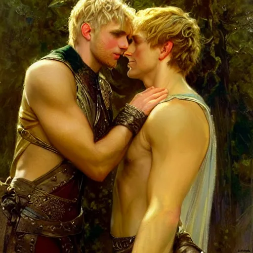 Image similar to stunning arthur pendragon in love with stunning male merlin the mage. they are close to each other. highly detailed painting by gaston bussiere, craig mullins, j. c. leyendecker