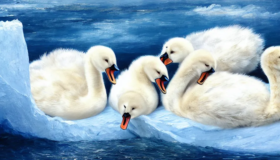 Prompt: highly detailed painting of cute furry white baby seal swan cats cuddling into each other on a blue and white iceberg by william turner, by greg rutkowski, by william constable, thick brush strokes and visible paint layers, 4 k resolution