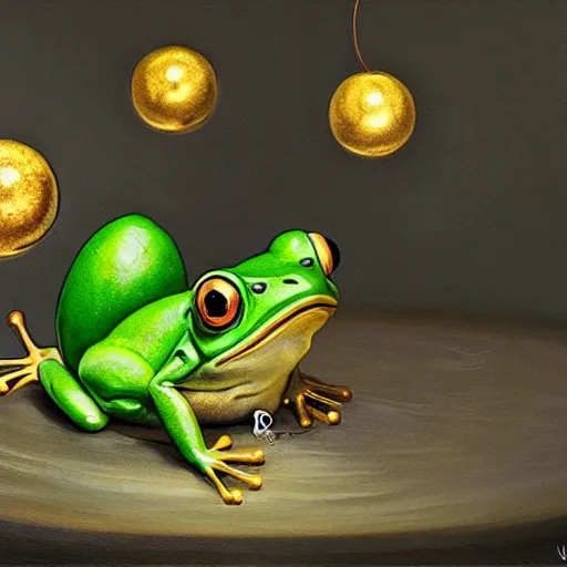 Image similar to long shot of a cute frog playing with golden metal balls, by esao andrews, by m. w. kaluta, by pixar, volumetric light, rich colors, very humorous oil painting, realistic reflections, smooth, concept art, depth perception, high depth of field, 4 k, unreal engine 5, ultradetailed, hyperrealistic, artstation