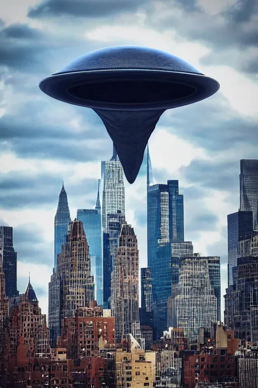 Image similar to A giant alien spaceship in the sky of New York, a photo taken on phone, social media