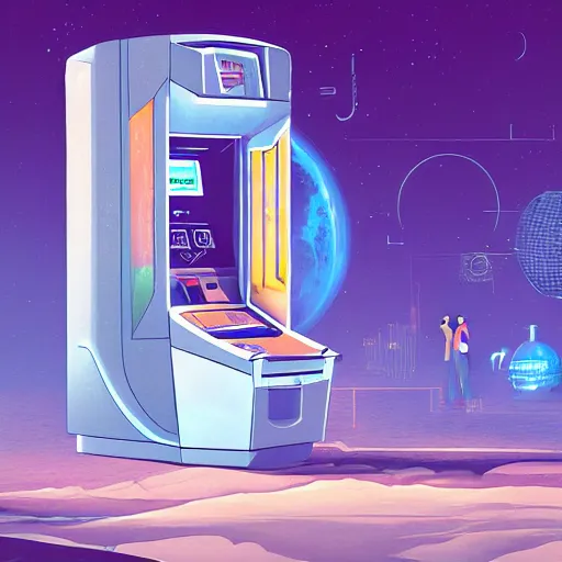 Image similar to An Illustration of a futuristic ATM of Solana cryptocurrency, by James Gilleard and Bruce Pennington, highly detailed,