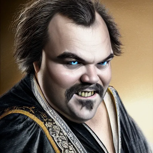 Image similar to professionally-painted ultradetailed ornate RPG award winning masterpiece illustration of Jack Black, fully clothed with black robe with silver ornates, digital airbrush painting, 3d rim light, hyperrealistic, artstation, cgsociety, kodakchrome, golden ratio