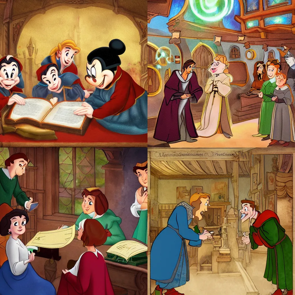 Prompt: surprised scholars looking at a magical parchment emitting magic dust. high detail. digital art. disney style.