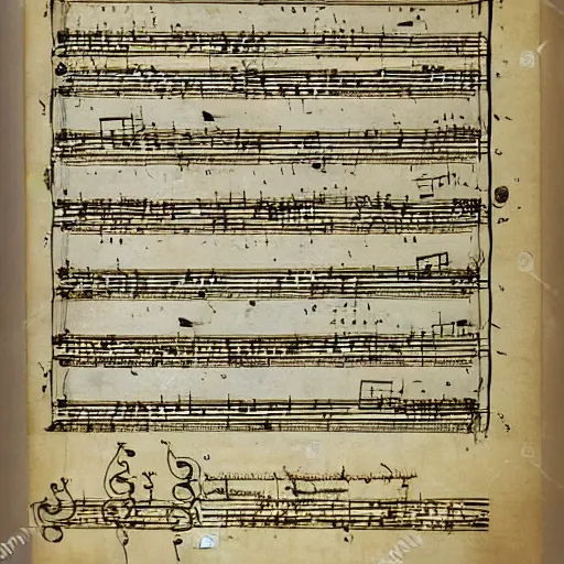 Prompt: music score drawn by botticelli, opera, symphony, musical notes, musical score, detailed