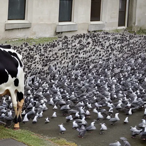 Image similar to a cow made of pigeons