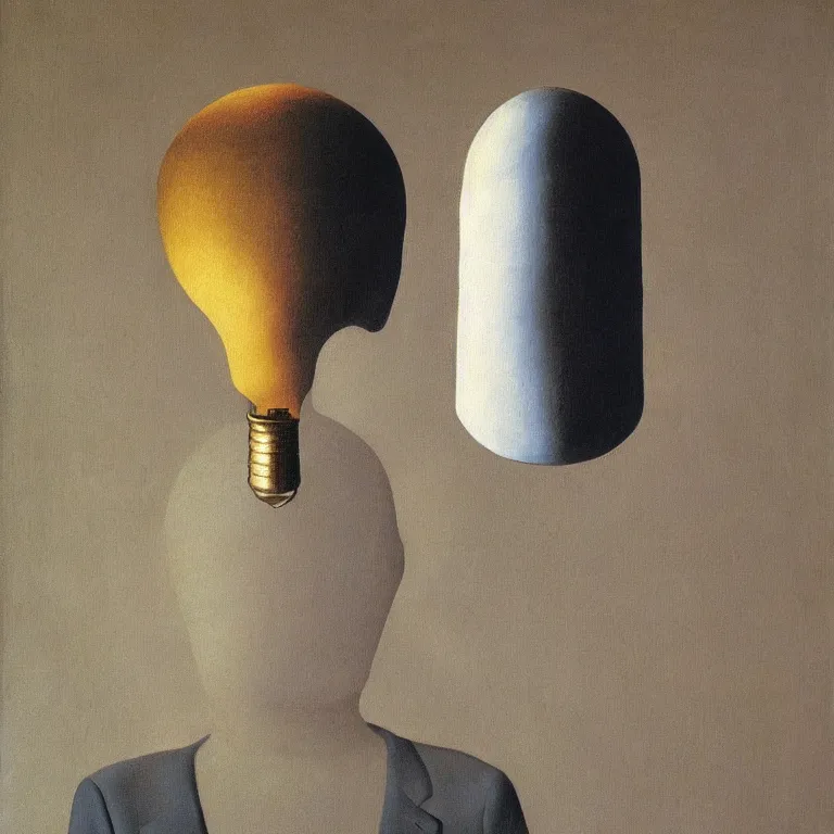 Image similar to portrait of a lightbulb head man, by rene magritte, detailed painting, hd, hq, high resolution, high detail, 4 k, 8 k