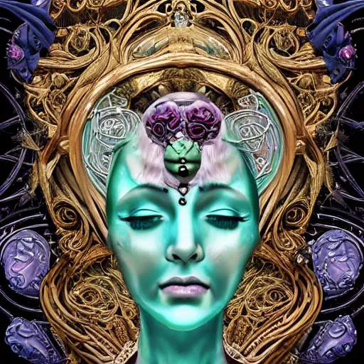 Image similar to blonde girl in a cosmic dress, full-body tattoos, ornate, rococo, grotesque, zbrush art, majestic, organics, silver filigree, colorful, dark fantasy, celtic knot, anatomical, h r giger style, moebius, frank frazetta, ornate, art nouveau, symmetrical, turquoise jewelry, red smoke, roses, unbiased render, rotten, Emil melmoth, eerie, macabre, haunting + insanely detailed and intricate, floral, faded pink, hypermaximalist, elegant, vintage, hyper realistic, super detailed, pastel colors,