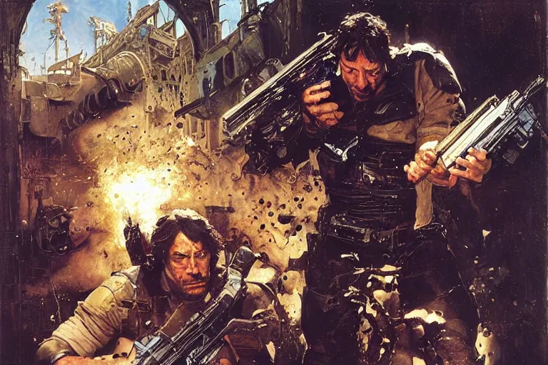 Image similar to portrait of javier bardem as the punisher blasting a hell baron with a shotgun, john berkey, lawrence alma tadema, rick berry, norman rockwell, doom, arstation, greg rutkowski