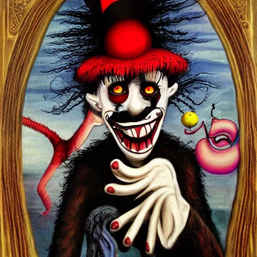 Prompt: tim burton and dr seuss dark surrealism painting of a clown., detailed, elegant, intricate, 4 k, renaissance painting