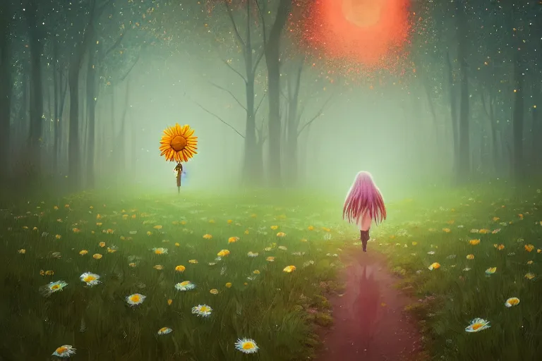 Image similar to giant daisy flower as face, girl walking in forest, surreal photography, dark night, stars, moon light, impressionist painting, clouds, digital painting, artstation, simon stalenhag