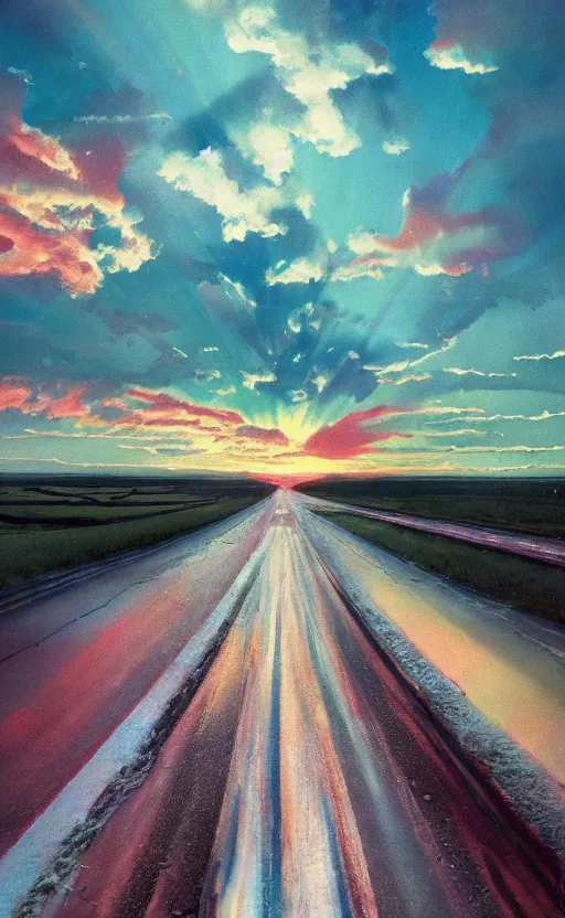 Image similar to paperback book cover. 1 9 5 0 s. pure colors, melting clouds, accurately drawn details, a sunburst above a receding road with the light reflected in furrows and ruts, after rain. photorealistic. octane render. cinematic. trending on artstation. textless.