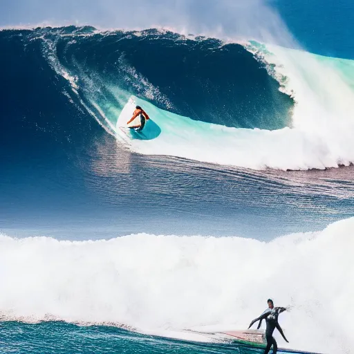 Prompt: surfer riding a surfboard made of medium rare steak, big wave hawaii, 5 0 foot waves, tsunami surfing aerial photography