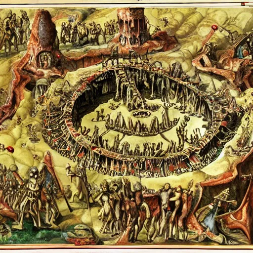 Prompt: detailed map of the nine layers of hell from dantes inferno. cutaway style.