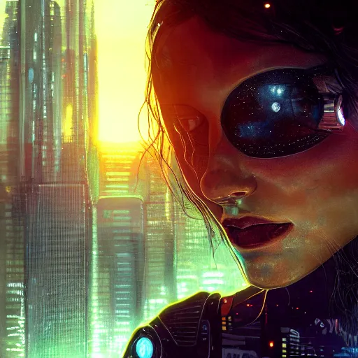 Image similar to closeup portrait of a young beautiful cyberpunk woman, eye implants, black hair, sunset, neuromancer, cyberpunk city background, megacity, gorgeous view, depth, painted by seb mckinnon, high detail, digital art, painted by greg rutkowski, trending on artstation