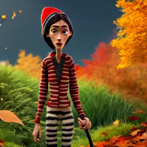 Prompt: a stopmotion animation character, a beautiful canadian woman, gardening, very attractive, some dark grey hair, stripey pants, canadian maple leaves, mountains, autumn, unreal engine 5, 8 k, kubo and the two strings, jan svankmayer, disney, pixar,