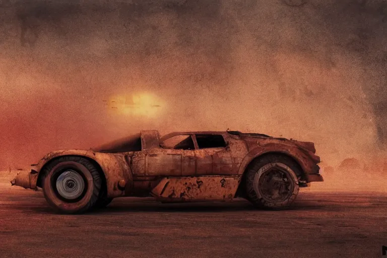 Prompt: rusty hypercar in mad max, painted by hector garrido and derek riggs, trending on artstation, volumetric lighting rear view profile picture, daguerreotype, still life, figurativism, socialist realism