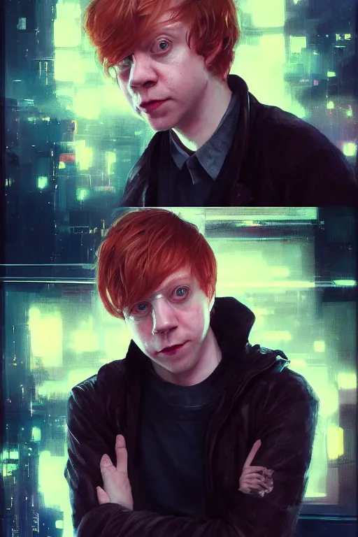 Image similar to portrait of Rupert Grint as Ron Wisly in cyberpunk, neon lighting, night city, digital art from artstation by Ruan Jia and Mandy Jurgens and Artgerm and william-adolphe bouguereau and Greg Rutkowski and Wayne Barlowe