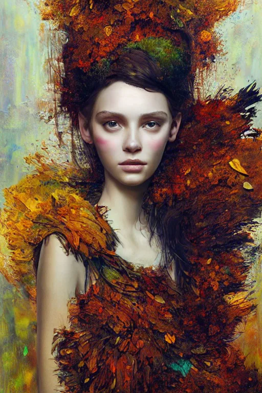 Prompt: wide portrait of beautiful girl by irakli nadar with intricate detailed color smashing fluid oil paint and acrylic, dried moss and dried autumn leaves headdress, melting wax, mycelia, abstract impressionism, ruan jia, fantasy, hyper detailed, concept art, by gustav klimt