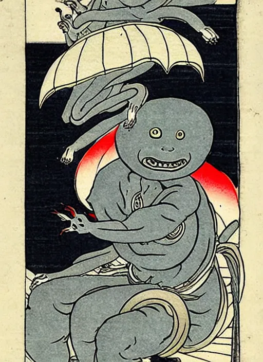Prompt: a grey alien as a yokai illustrated by kawanabe kyosai and toriyama sekien