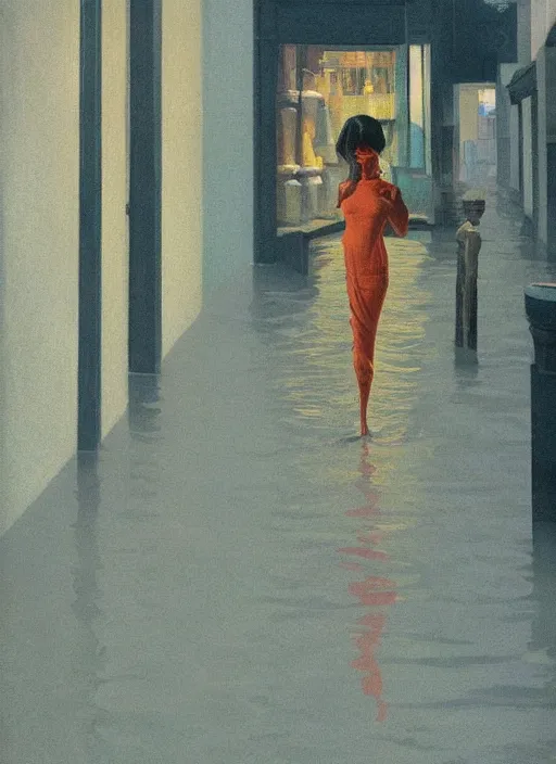 Image similar to woman in a translucent clothing made from plastic bag with paper bags for clothes standing inside paper bags with paper bag over the head at store display on flooded night street Edward Hopper and James Gilleard, Zdzislaw Beksinski, highly detailed