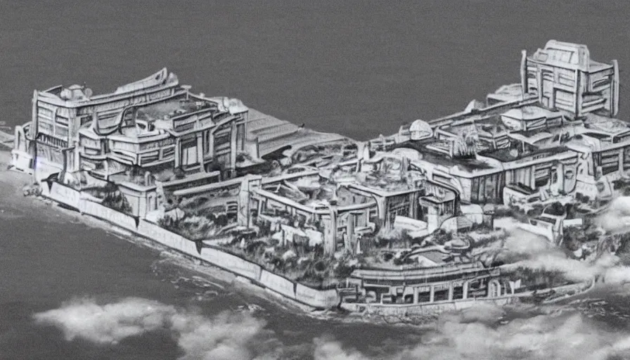 Image similar to a film still of a north korean monster movie, kaiju - eiga monster starfish - like over traditional korean palace split in half, film noir, video compression, ripple effect