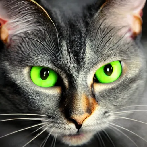 Image similar to photograph of a Dill Tortie Cat, captivating green eyes, perfect hair render, realism photo photorealistic