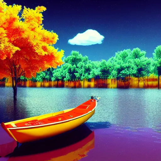 Image similar to boat on a river With tangerine trees and marmalade skies, psychedelic, octane render, 4K