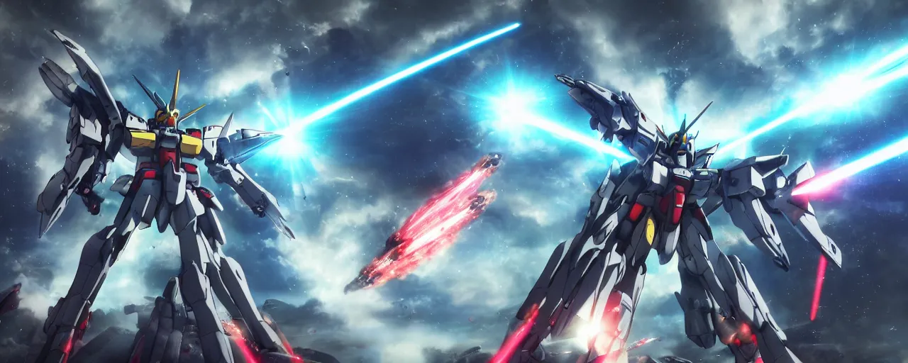 Image similar to concept art, mobile suit gundam in battle, high energy particle beam weapon, dynamic floating gun, multiple missile trajectory, plasma laser sword, giant shield, gunpowder smoke and mecha debris, full of pressure, science fiction, backlight, volumetric light, lightrays, cinematic, atmospheric, octane render, unreal engine, cinematic lighting, intricate details, 8 k.